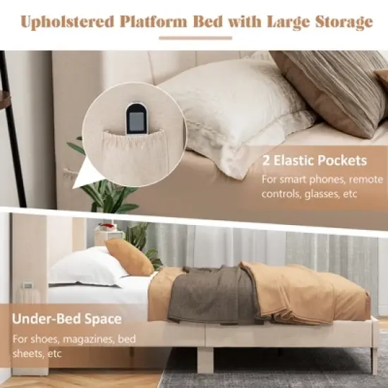 Costway Full/Queen Size Upholstered Bed Frame with Elastic Pockets Mattress Foundation Beige image {5}