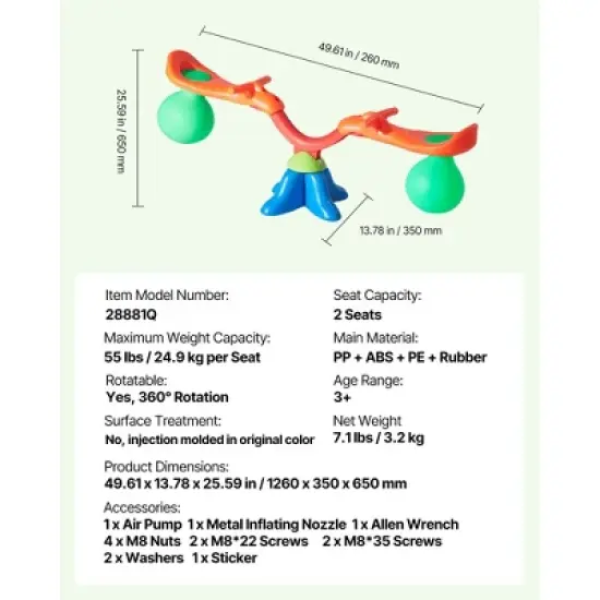 VEVOR Kids Seesaw, 55 lbs Load Capacity per Seat, Sit and Spin Teeter Totter, Swiveling 360 Degrees Rotating for Aged 3+, Orange&Blue&Green image {7}