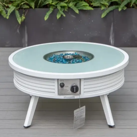 LeisureMod Walbrooke 4-Piece Outdoor Patio Conversation Set &ndash; White Trim Fire Pit Table with Cushioned Ottoman for Patio, Deck, Balcony & Backyard image {10}