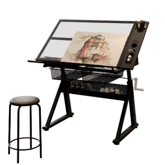 Gulches Hand Crank Adjustable Tempered Glass Drafting Table with Chair 2 Metal Drawers image {5}