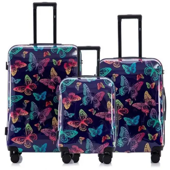 Multi-color Design ABS Hard Shell Lightweight with 360&deg; Dual Spinning Wheels & Combo Lock &ndash; Includes 28", 24", 20" 3-Piece Luggage Set - Butterfly image {9}