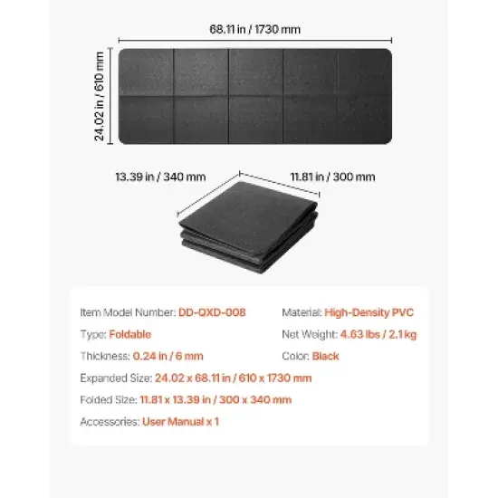 VEVOR Foldable Walking Pad Treadmill Mat, 1/4" Thick, 24" x 68" Exercise Equipment Mat, High Density PVC Floor Protector, Black image {7}
