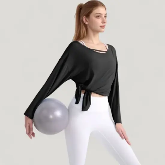 Anna-Kaci Active Women's Long Sleeve Pullover Top with Cutout Scoop Neck and Side Slit Hem image {2}