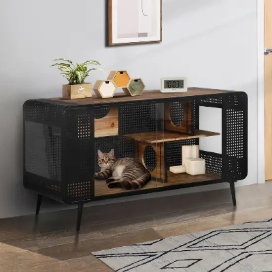 Cesicia White 55.12 "L x 22.83"W x 29.92"H Spacious Cat House with Tempered Glass, for Living Room, Hallway, Study and Other Spaces image {9}