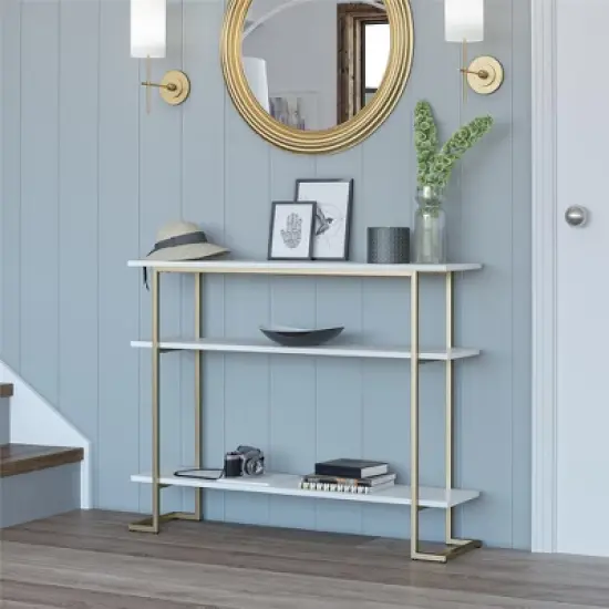RealRooms Olten Console Sofa Table with 3 Open Shelves and Gold Metal Frame, White image {1}