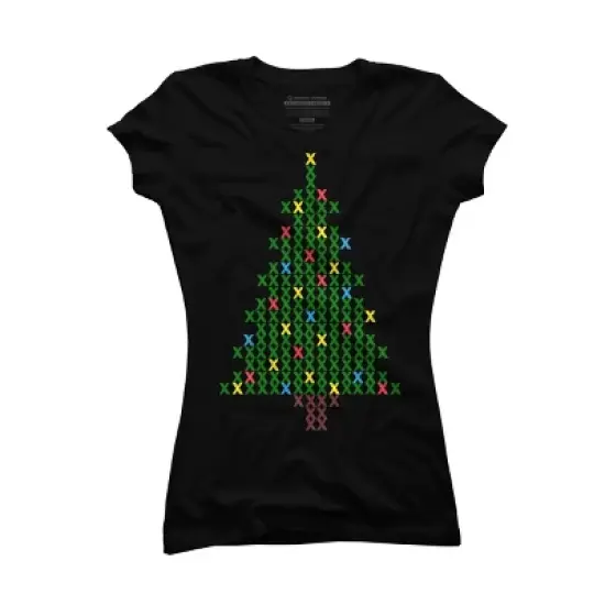 Junior's Design By Humans Christmas Tree Cross Stitch By BettySue T-Shirt image {3}