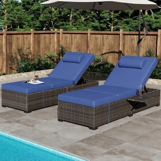 Lounge Chair Outdoor, PE Rattan Wicker Pool Lounge Chairs Set of 2 with Adjustable Backrest, Cushion, Cup Holder, for Poolside, Deck, Gray-Beige image {8}