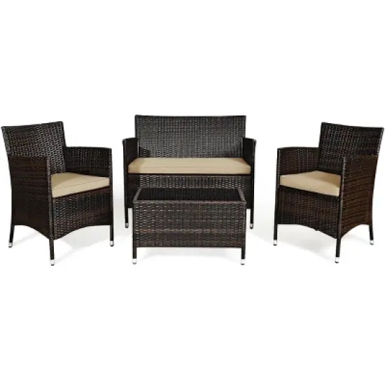 Tangkula 4 PCS Patio Rattan Wicker Furniture Set Outdoor with Cushions image {4}