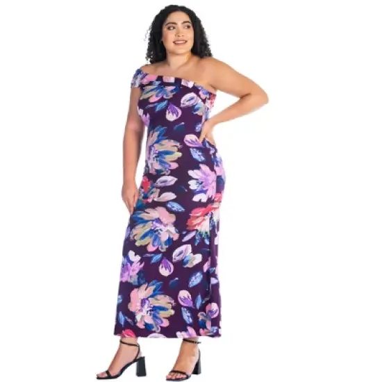 Womens Plus Size Purple Floral One Shoulder Rouched Mermaid Maxi Dress image {1}