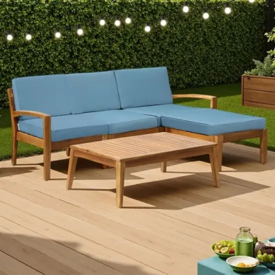 78" Outdoor Patio L-Shaped Acacia Wood Sectional Sofa Set with Coffee Table and Ottoman image {11}