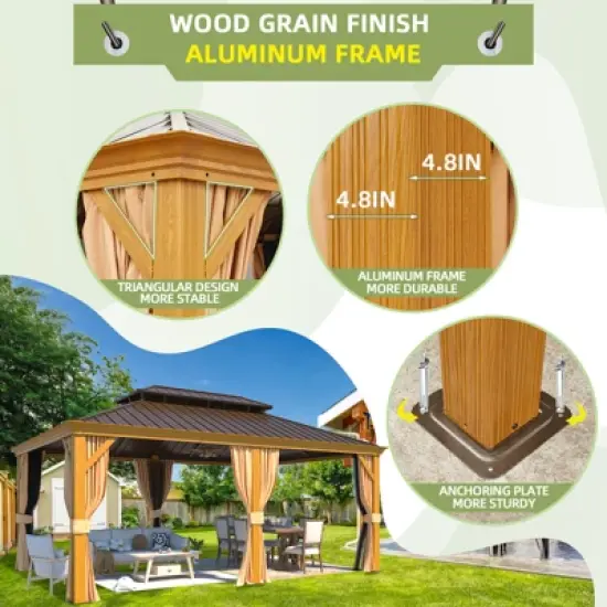 EROMMY 12' x 18' Hardtop Gazebo, Wooden Finish Coated Aluminum Frame Gazebo with Galvanized Steel Double Roof, Curtains and Nettings Included image {2}