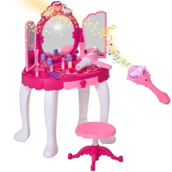 Qaba Infrared Remote Control Kids Dress-up Vanity Table Chair Girls Pretend Dressing Table Set with Music and Lightening Cosmetic Mirror Hair Dryer image {3}