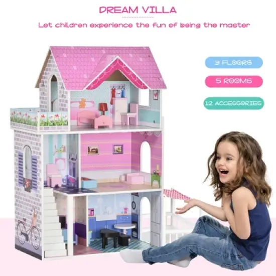 Qaba Kids Wooden Multi-Level Dream House Villa Kit with Furniture and Accessories image {2}