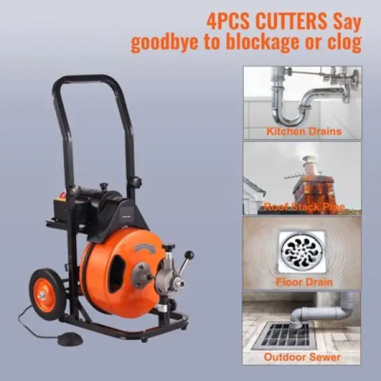 VEVOR Drain Cleaning Machine 75FT x 3/8 Inch, Sewer Snake Machine Auto Feed, Drain Auger Cleaner with 4 Cutter & Air-Activated Foot Switch, Orange image {2}