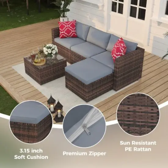 5 Pieces Patio Furniture Set, All-Weather Wicker Sectional Sofa with Glass Coffee Table and Ottoman for Balcony, Porch, Garden image {5}