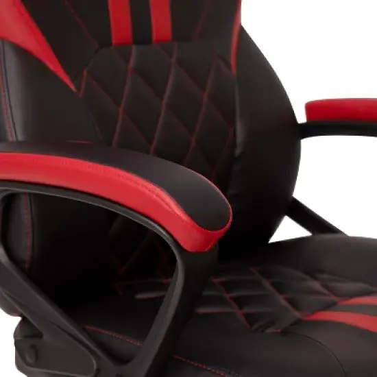 Emma and Oliver Ergonomic High Back Swivel Gaming Chair with Diamond Stitch Black Faux Leather Upholstery with Red Accent Stripes, Padded Arms image {8}