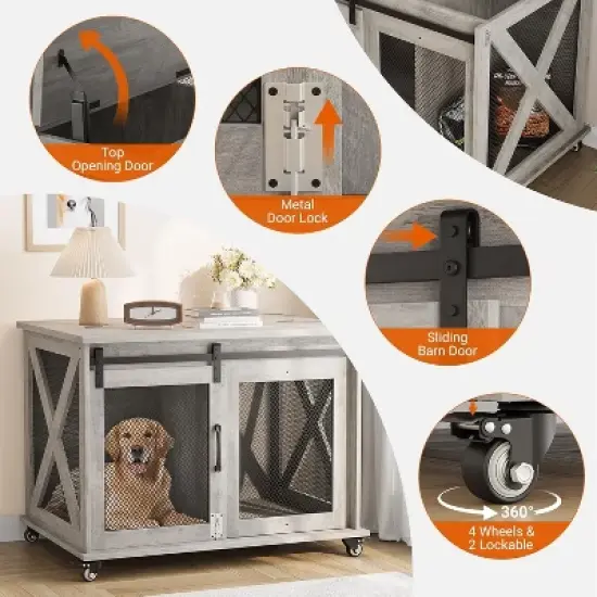 37 Inch Dog Crate Furniture, Indoor Dog Cage with Sliding Barn Door, Flip Top Dog Kennel End Table with Removable Divider image {3}