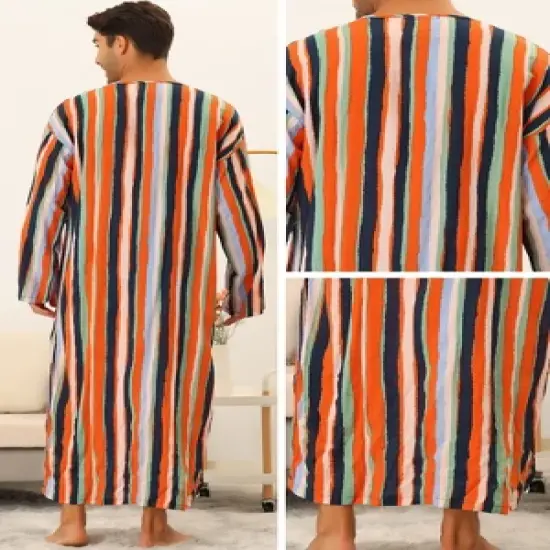 Lars Amadeus Men's Long Sleeves Button Striped Nightgown with Pockets image {3}