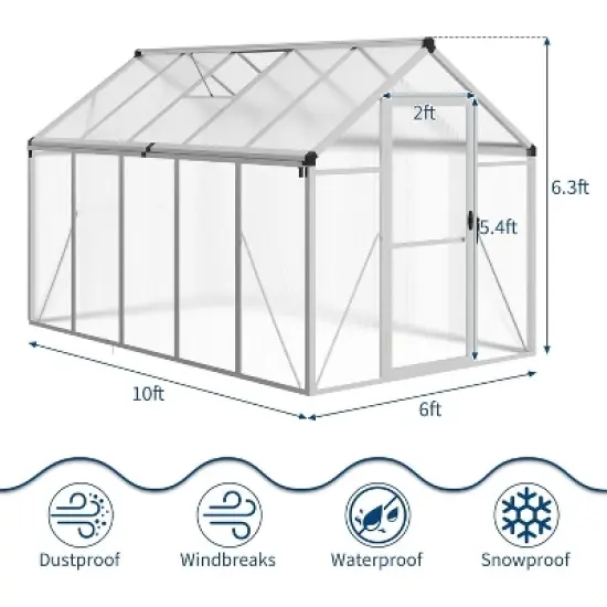 6x10 FT Greenhouse, Easy Assembly Aluminum Polycarbonate Greenhouses for Outdoors with Roof Vent and Ground Nails image {6}