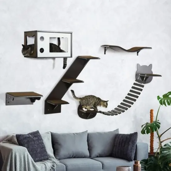 PawHut Unique Cat Tree Made From Cat Shelves with Cozy Cat House, Bridge, & More, Wall-Mounted Cat Tree Climbing Playground, Modern Cat Tree image {1}