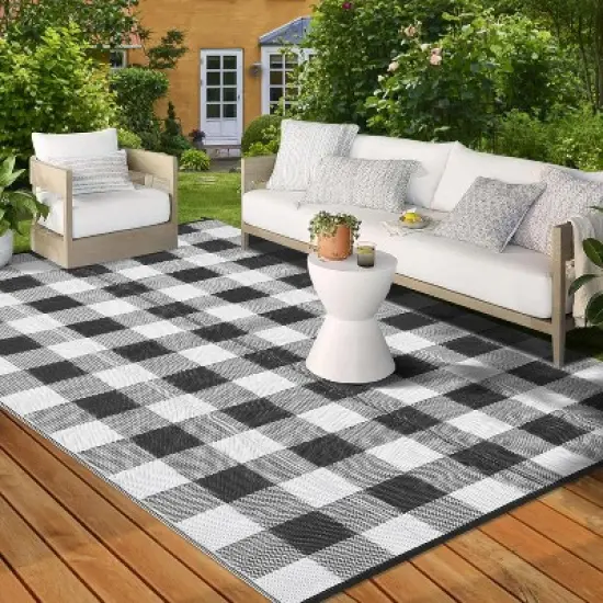 Waterproof Outdoor Rug Uv Resistant Plastic Straw Rug Modern Checkerboard Reversible Plaid Camping Carpet Picnic Mat for Beach, Backyard image {1}