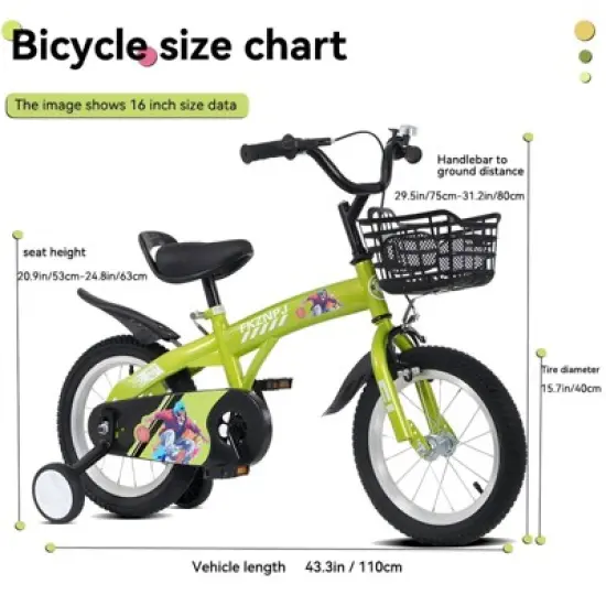 INFURNIC Bicycles 16 Inch Kids Bike with Training Wheels and Adjustable Saddle for Boys and Girls, Green, 43.3"*20.3"*28.9" image {2}