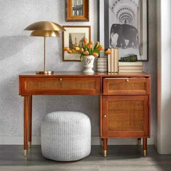 Allen Desk with Faux Rattan Front Accents Walnut - angelo:HOME image {3}