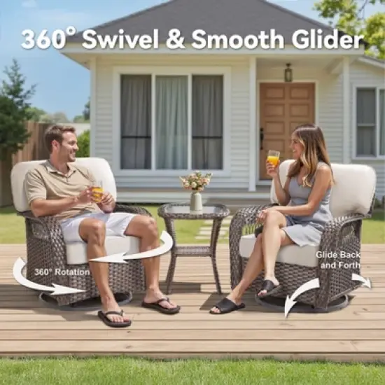 Buenhomino Outdoor Patio Wicker Swivel Rocking Chairs Set of 2, Beige Cushions image {4}