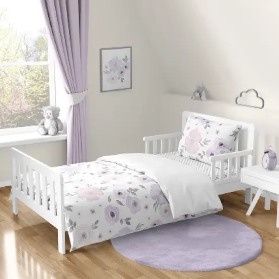 Sweet Jojo Designs Girl Toddler Bedding Set Watercolor Floral Purple Pink and Grey 5pc image {6}