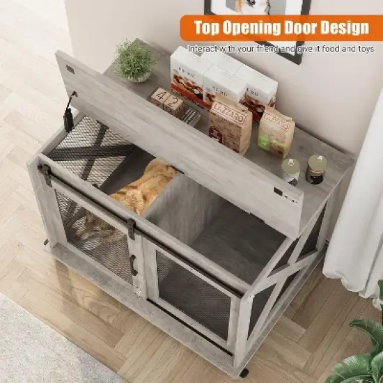 37 Inch Dog Crate Furniture, Indoor Dog Cage with Sliding Barn Door, Flip Top Dog Kennel End Table with Removable Divider image {1}