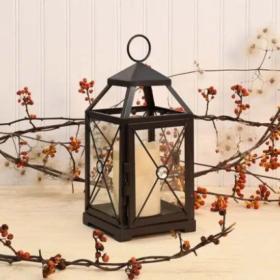 LumaBase Metal Lantern with Battery-Operated Candle - Black Gem image {2}