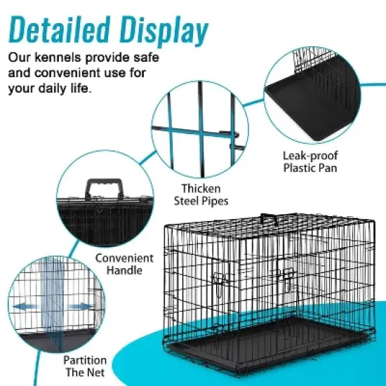 FDW Dog Crate for Small Dogs 24 Inch Folding Metal WirePet Cage Double Door W/Divider Panel Indoor Outdoor Kennel Leak-Proof Plastic Tray,Black image {4}