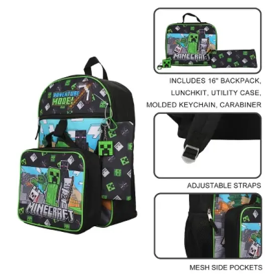 Minecraft 5-Piece Set: 16&rdquo; Backpack, Lunchbox, Utility Case, Rubber Keychain, and Carabiner image {2}
