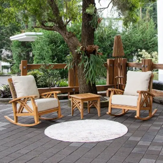Cambridge Casual 3pc Carmel Teak Wood Outdoor Patio Small Spaces Rocker Conversation Set with Tan Cushions image {11}