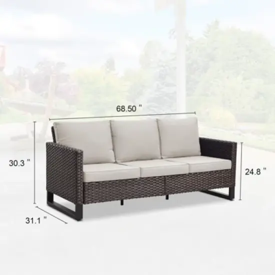 POCASSY 68.5" Outdoor Wicker Couch with Metal Armrest, 3-Seater Couch with Square Armrest Patio Furniture Sofa for Porch Balcony, Blue image {6}