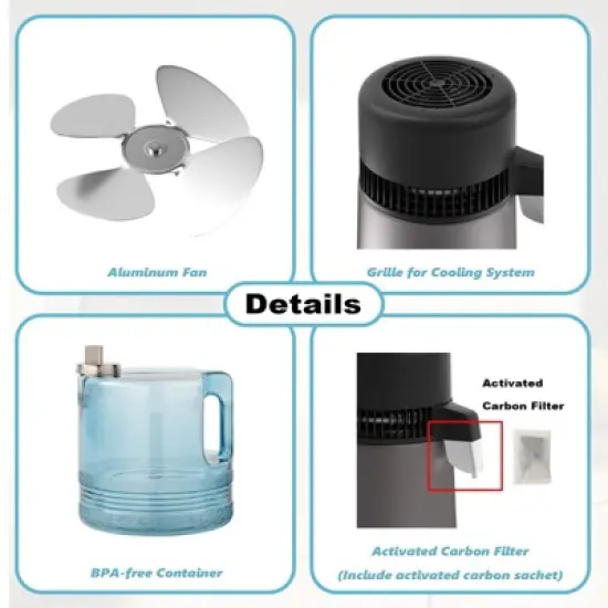 ROVSUN 1.1 Gallon or 4L Stainless Steel Water Distiller, Flame Retardant Material, BPA Free Container & Stainless Steel Interior, Gray, 750W image {4}