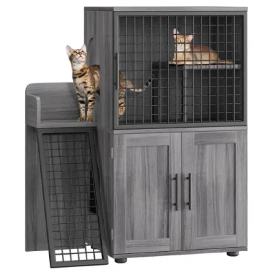 Cat Litter Box Enclosure Furniture, Hidden Double Litter Box Cabinet with Ladder image {9}