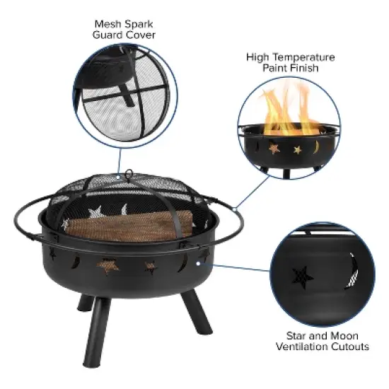 Flash Furniture 29" Round Wood Burning Firepit with Mesh Spark Screen image {2}