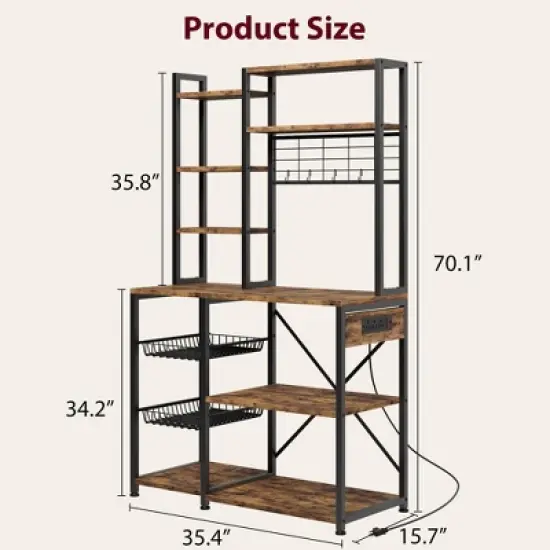 Bakers Rack with Power Outlets & Hooks, Industrial Microwave Stand with Storage, Slim Coffee Bar Station Kitchen Shelves for Small Spaces image {5}