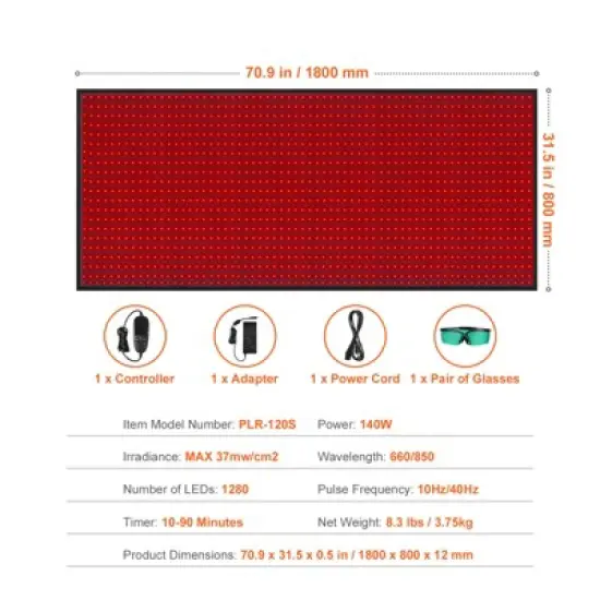 VEVOR Red Light Therapy Mat for Full Body, 1280PCS 3-Chip LED Light Therapy Pad & Controller, 660nm Red & 850nm Near Infrared Light Therapy image {7}