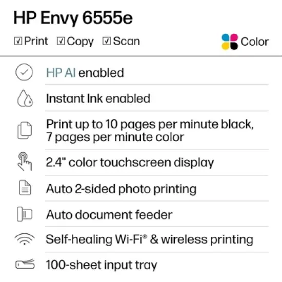 HP Envy 6555e Wireless All-in-One Color Printer Scanner Copier with 3 Months Free Instant Ink (714N5A): Inkjet, macOS/Windows Compatible image {1}
