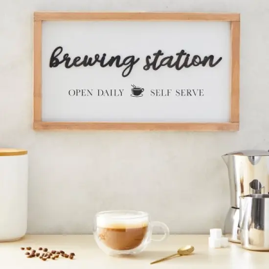 Farmlyn Creek Brewing Station Sign for Kitchen, Wooden Farmhouse Coffee House Bar Wall Decor with Hooks, 16 x 9 In image {1}