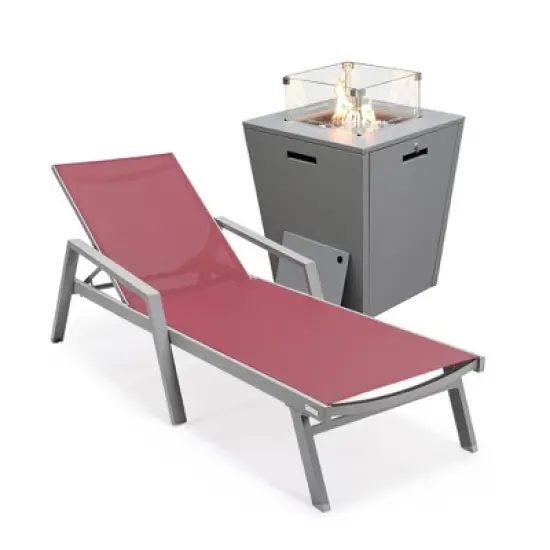 LeisureMod Marlin Modern Grey Aluminum Outdoor Patio Chaise Lounge Chair With Arms and Square Fire Pit Side Table image {17}