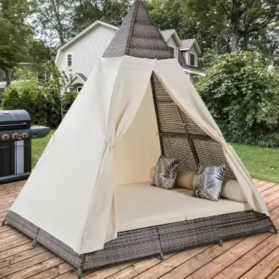 Zevemomo Outdoor Daybed with Colorful Pillows, Rattan Wicker Patio Sunbed Furniture Seating with Soft Cushions for Poolside Backyard, Brown Beige image {7}