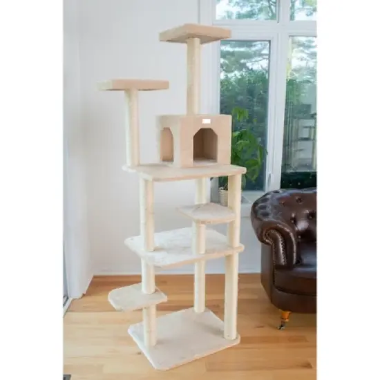 GleePet GP78748 74-Inch Real Wood Cat Tree With Seven Levels, Beige/Silver Gray image {3}