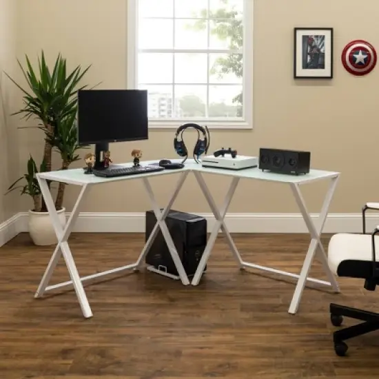 Modern Glass L Shaped Gaming Computer Desk White - Saracina Home image {4}