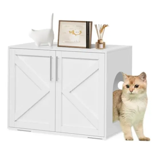 Cat Litter Box Enclosure, Farmhouse Rustic Wooden Cat Washroom Furniture with Barn Doors, Hidden Litter Box Cabinet End Table for Indoor Home, White image {6}