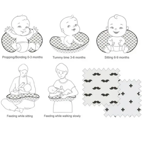 Bacati - 3 pc Mustache/Plus Black Muslin Hugster Feeding & Infant Support Nursing Pillow with 2 removable zippered covers image {5}