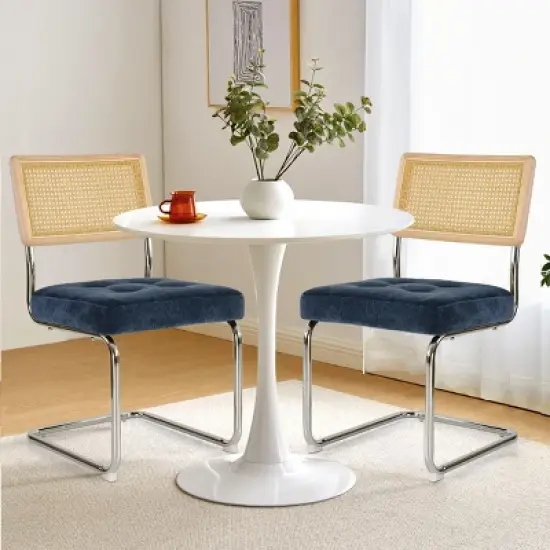 Set of 2 Kylie 20.5" Wider Flannel Upholstered Tufted Seat With Metal Chrome Legs and Woven Rattan Backrest Dining Chairs - The Pop Maison image {12}