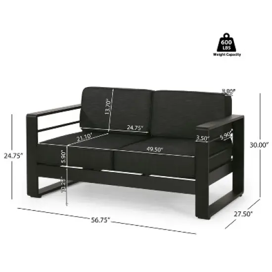 GDFStudio Gadd Outdoor Aluminum Loveseat with Cushions, Black/Dark Gray image {2}